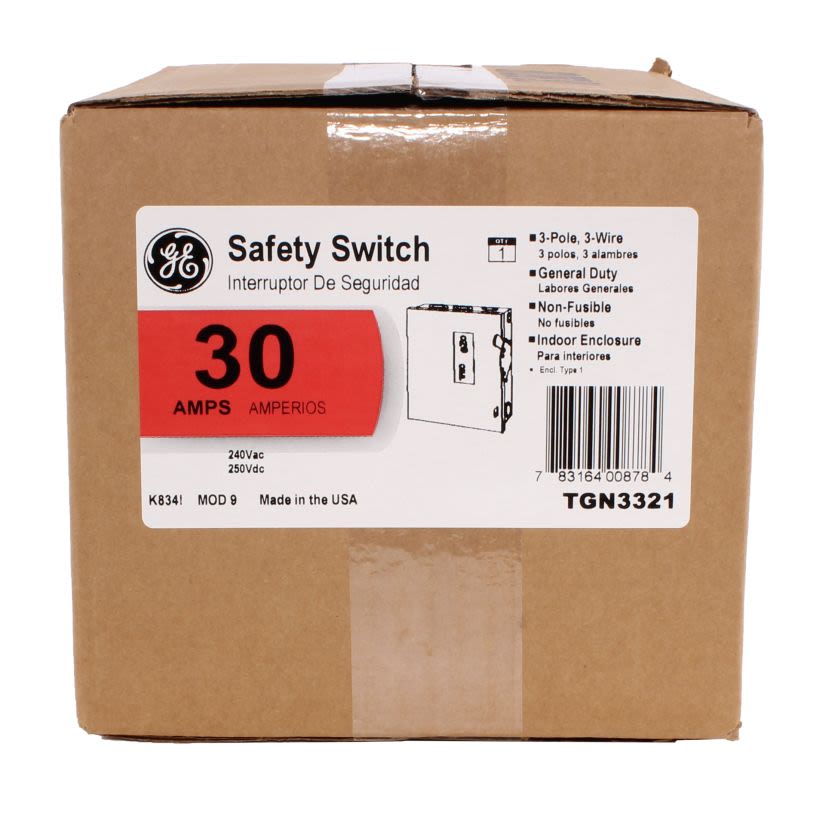 GE Spec-Setter™ TGN3321 General Duty Non-Fusible Safety Switch, 240 VAC, 30 A, 3 hp Standard Fuse/7-1/2 hp Time Delay, 3 Poles